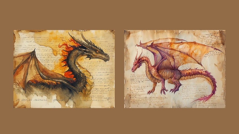 May include: Two watercolor paintings of dragons on a parchment background. The first dragon is black with orange flames and has its wings spread out. The second dragon is red and orange with its wings spread out.