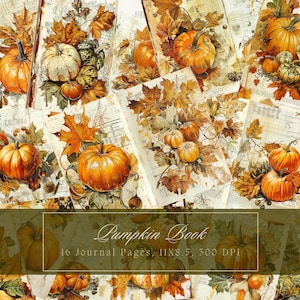 Kit de diario basura de calabaza de acuarela Otoño Páginas de diario doble Hojas secas Papel digital Scrapbooking Páginas en mal estado Libro antiguo Otoño Imprimible