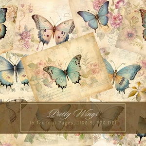 Vintage mariposa basura diario páginas acuarela floral basura diario kit flor papel digital scrapbooking ensueño efímera hojas de collage
