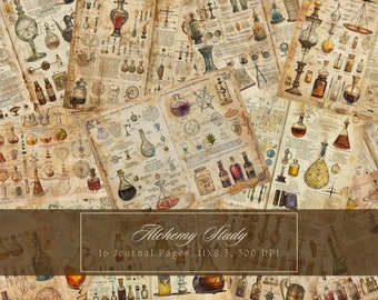Alchemy Junk Journal Kit Apothecary Bottles Pages Watercolor Potions Digital Paper for Scrapbooking Witchery Backgrounds Collage Sheets