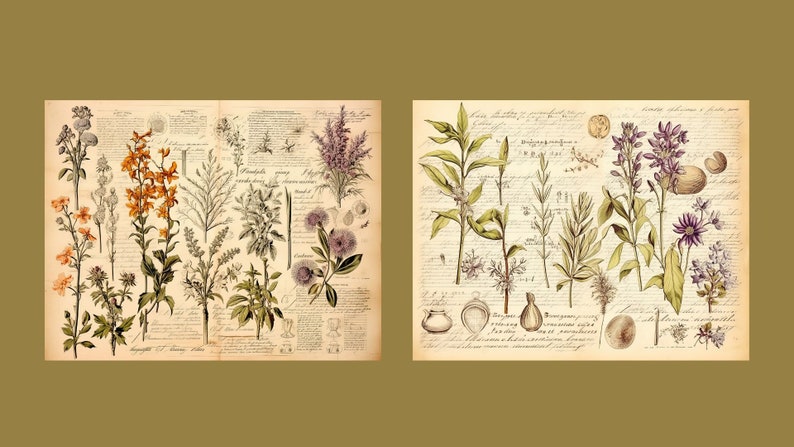 Botanical Herbs Junk Journal Kit Botany Collage Sheet Herbal Digital Paper Scrapbooking Watercolor Plant Vintage Ephemera Apothecary Pages image 9