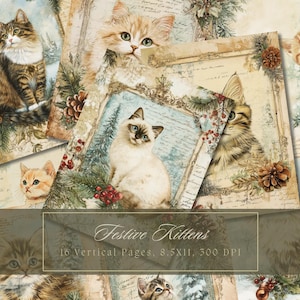 Kit de carnet de voyage chats de Noël aquarelle hiver pages chat papier numérique Scrapbooking page minable imprimable chaton victorien techniques mixtes