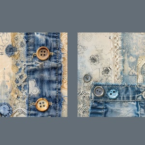 May include: A close-up of two denim fabric samples with various textures and embellishments, including lace, buttons, and a blue flower. The fabric is a patchwork of different shades of blue and white.