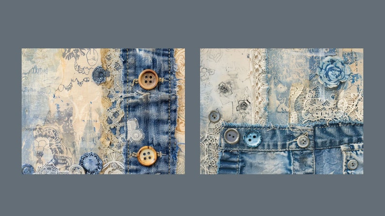 May include: A close-up of two denim fabric samples with various textures and embellishments, including lace, buttons, and a blue flower. The fabric is a patchwork of different shades of blue and white.