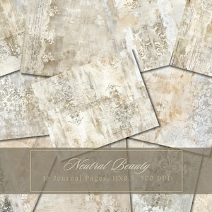 Kit de diario basura vintage beige con textura de papel digital, álbumes de recortes grunge, damasco, páginas desgastadas, hojas de collage descoloridas, descarga instantánea