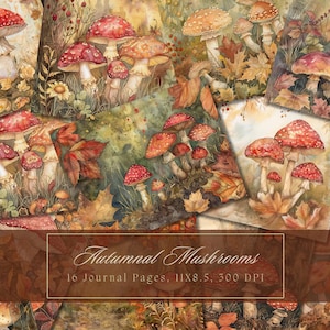 Cogumelo lixo diário kit vintage botânico toadstool diário digital papel scrapbooking outono floresta outono aquarela fundo para impressão