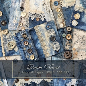 Denim Junk Journal Kit Textil Mix Collage Sheets Patchwork Digitales Papier für Scrapbooking Spitze Vintage Ephemera Shabby Chic Printable Seiten