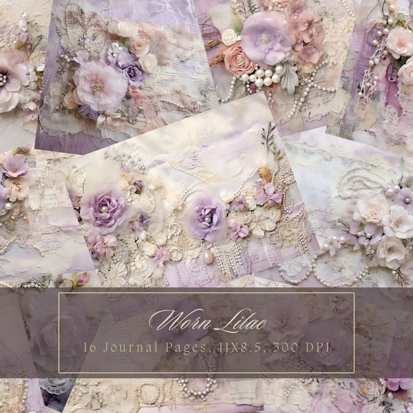 Shabby Chic Junk Journal Kit Lavender Vintage Lace Ephemera Collage Sheets Lilac Flower Purple Digital Paper Scrapbooking Pearl Floral Pages