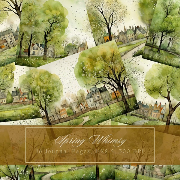 Spring Town Junk Journal Paper Summer Background Journal Pages Printable Whimsical Junk Journal Kit Green Trees Digital Paper Scrapbooking