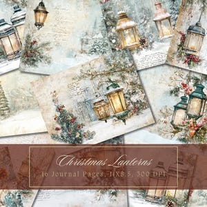 Könnte beinhalten: Eine Collage von Journalseiten im Vintage-Stil mit Aquarellillustrationen von Weihnachtslaternen in einer verschneiten Winterszene. Die Seiten zeigen Laternen, Weihnachtsbäume und winterliches Laub. Der Text "Christmas Lanterns" ist sichtbar.