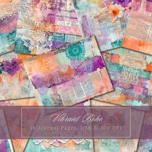 Boho Collage Junk Journal Kit Colorful Printable Pages Bohemian Mixed Media Digital Paper for Scrapbooking Vintage Journal Page Shabby Chic