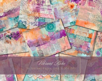 Kit di diario di spazzatura collage boho Pagine stampabili colorate Carta digitale per tecniche miste boho per scrapbooking Pagina di diario vintage Shabby Chic