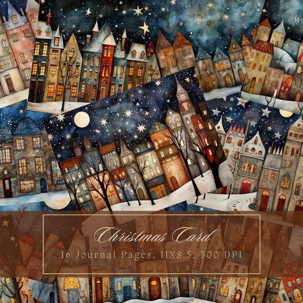 Christmas Town Junk Journal Paper Winter Background Journal Pages Printable Night Sky Junk Journal Kit Snow Digital Paper for Scrapbooking