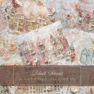 Pink Town Junk Journal Kit Blush Floral Street Shabby Pages Encaje Papel Digital Scrapbooking Rosa Vintage Ephemera Flower Houses Shabby Chic