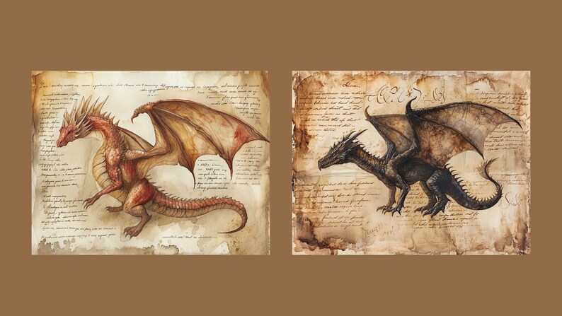 May include: Two detailed illustrations of dragons on a parchment background. The first dragon is red with gold accents and has its wings spread. The second dragon is black with brown accents and has its wings spread.