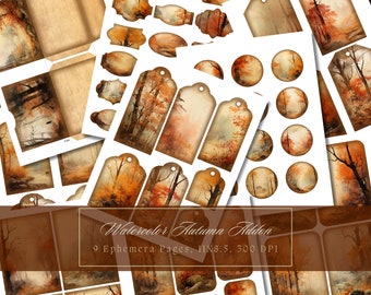 May include: A collection of watercolor ephemera featuring autumn-themed designs. The set includes tags, circles, and other shapes with illustrations of trees and landscapes in warm orange, brown, and beige tones. The text "Watercolor Autumn Addon" is visible.