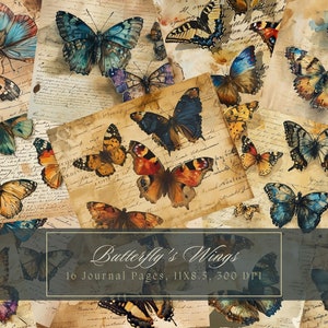 Kit di diario spazzatura farfalla acquerello Vintage bellissimi documenti digitali pagina stampabile Scrapbooking farfalle Shabby Chic Download immediato