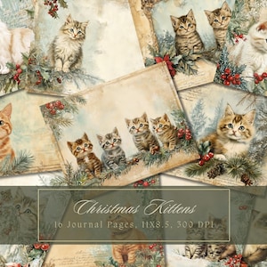 Kit de carnet de voyage chats de Noël aquarelle hiver pages chat papier numérique Scrapbooking page minable imprimable chaton victorien techniques mixtes
