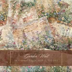 Aquarell Garten Wand Junk Journal Papier Florale Hintergrund Seiten Printable Junk Journal Kit Bricks Digitales Papier Scrapbooking Blumen