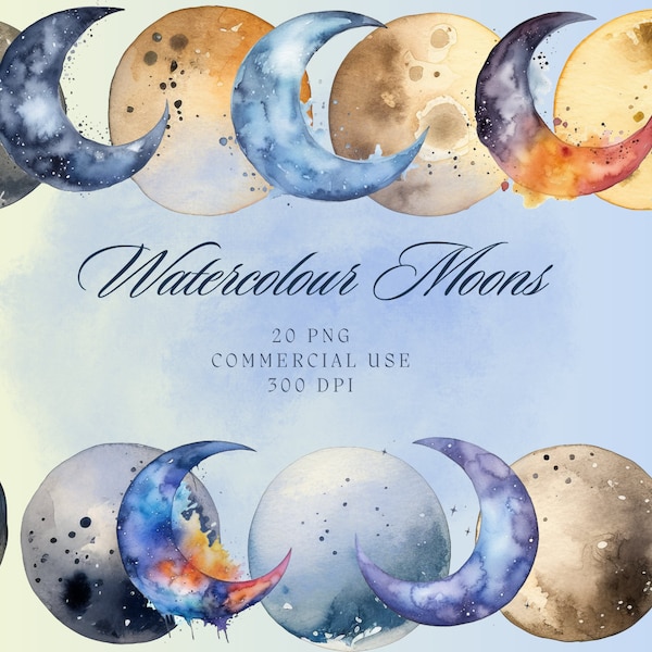 20 Watercolour Moon Clip Art Bundle Crescent Moon Watercolour Nursery Celestial Watercolor Commercial Use No Background Instant Download