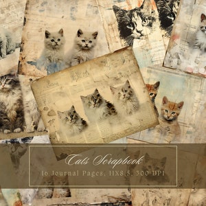 Vintage Cats Junk Journal Kit Grunge Pages Cat Digital Paper for Scrapbooking Printable Shabby Page Kitty Mixed Media Victorian Paper