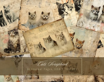 Vintage Cats Junk Journal Kit Grunge Pages Cat Digital Paper for Scrapbooking Printable Shabby Page Kitty Mixed Media Victorian Paper