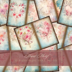 Aquarelle Coeurs Junk Journal Kit Floral Romance Papier numérique Scrapbooking vintage Ephemera Romantic Journal Double Pages Valentine