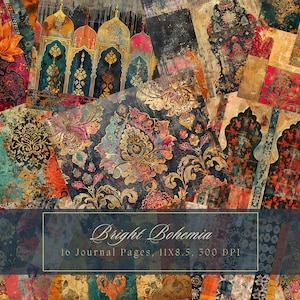 Boho Collage Junk Journal Kit Páginas imprimibles coloridas Boho Mixed Media Papel digital para Scrapbooking Vintage Journal Page Shabby Chic