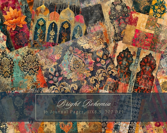 Boho Collage Junk Journal Kit Colorful Printable Pages Bohemian Mixed Media Digital Paper for Scrapbooking Vintage Journal Page Shabby Chic