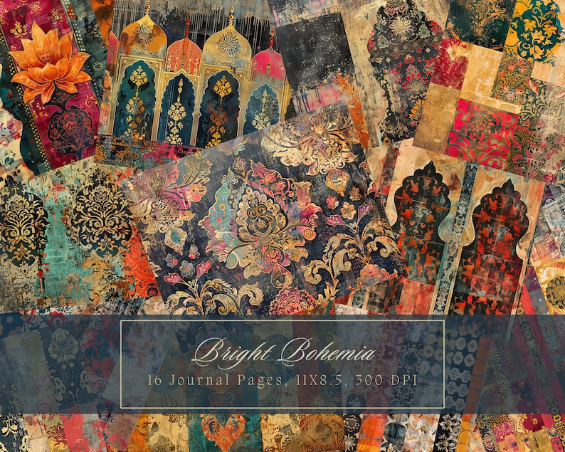 Puede incluir: Un collage de 10 p&aacute;ginas de diario digitales que presentan una mezcla vibrante de patrones y texturas coloridos. Las p&aacute;ginas est&aacute;n inspiradas en un estilo bohemio e incluyen intrincados dise&ntilde;os florales, formas geom&eacute;tricas y arcos ornamentados. El texto "Bright Bohemia 10 Journal Pages 11x8.5, 500 DPI" se muestra en la parte inferior de la imagen.