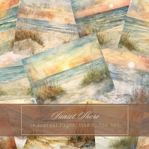 May include: A set of 16 digital journal pages featuring watercolor paintings of a beach scene at sunset. The pages are 11x8.5 inches and 300 DPI. The paintings depict a sandy beach with tall grasses, a calm ocean, and a bright orange sunset.
