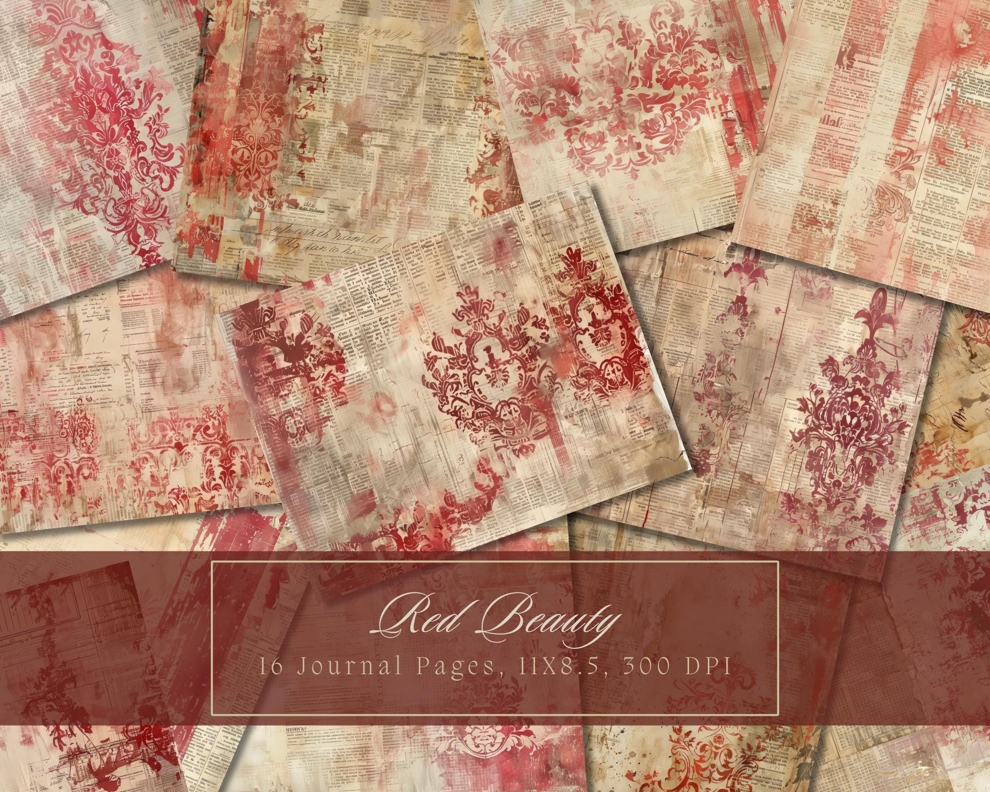 junkjournal【antique Red】 Red Vintage Junk Journal Kit Digital Paper Texture Grunge