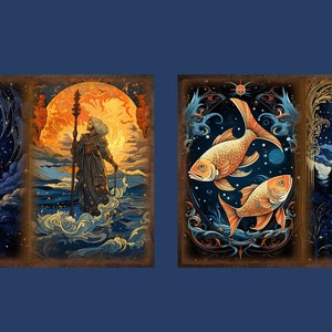 K&ouml;nnte beinhalten: Vier Illustrationen im Vintage-Stil mit himmlischen Motiven. Die erste zeigt eine Burg in einer schneebedeckten Landschaft mit einem Vollmond und Sternen. Die zweite zeigt eine Figur, die in einem Gew&auml;sser steht, mit einer Sonne und Flammen dahinter. Die dritte zeigt zwei goldene Fische, die in einem blauen und goldenen Rahmen schwimmen. Die vierte zeigt einen Wald mit einem Vollmond und Sternen am Himmel.