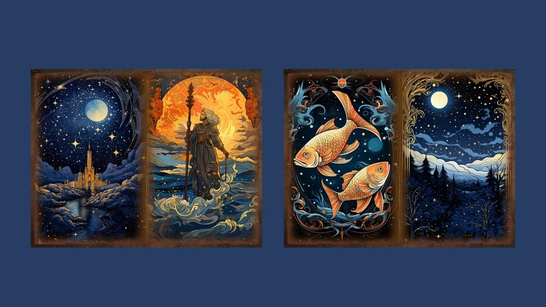 K&ouml;nnte beinhalten: Vier Illustrationen im Vintage-Stil mit himmlischen Motiven. Die erste zeigt eine Burg in einer schneebedeckten Landschaft mit einem Vollmond und Sternen. Die zweite zeigt eine Figur, die in einem Gew&auml;sser steht, mit einer Sonne und Flammen dahinter. Die dritte zeigt zwei goldene Fische, die in einem blauen und goldenen Rahmen schwimmen. Die vierte zeigt einen Wald mit einem Vollmond und Sternen am Himmel.