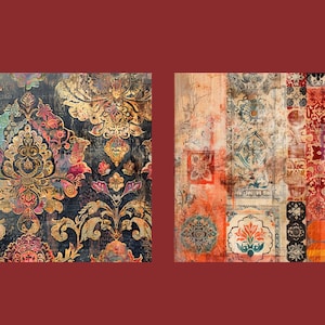 Puede incluir: Dos muestras de tela con patrones coloridos con un aspecto vintage y desgastado. La muestra de la izquierda presenta un fondo azul oscuro con dise&ntilde;os florales dorados y multicolores. La muestra de la derecha presenta un mosaico de diferentes patrones en rojo, naranja y azul.