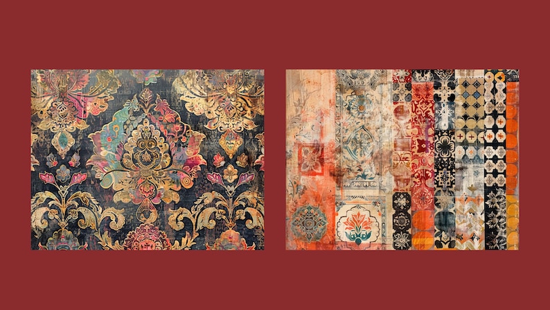 Puede incluir: Dos muestras de tela con patrones coloridos con un aspecto vintage y desgastado. La muestra de la izquierda presenta un fondo azul oscuro con dise&ntilde;os florales dorados y multicolores. La muestra de la derecha presenta un mosaico de diferentes patrones en rojo, naranja y azul.