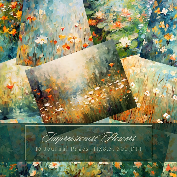 Impressionist Flowers Junk Journal Kit Oil Painting Digital Prints for Scrapbooking Ephemera Bright Floral Printable Pages Commercial Use