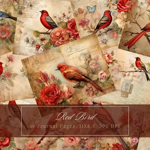 Rode vogels en bloemen ongewenste Journal Kit Vintage Ephemera Journal digitale papier scrapbooking afdrukbare bloemen collage vellen commercieel gebruik