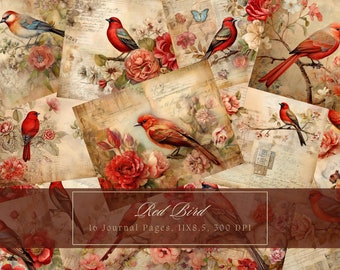 Red Birds and Flowers Junk Journal Kit Vintage Ephemera Journal Digital Paper Scrapbooking Printable Floral Collage Sheets Commercial Use