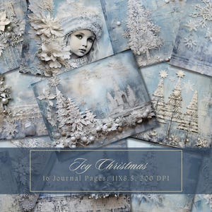 Kit de carnets de Noël vintage hiver neige éphémères papier numérique pour le scrapbooking, pages de journal en dentelle imprimables bleu grunge shabby chic