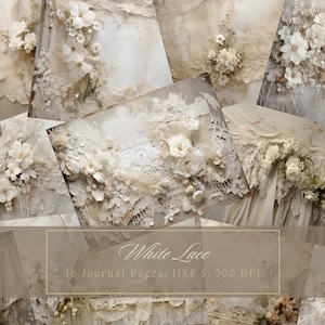 Kit de diário lixo de renda vintage, folhas de colagem chique, para impressão, flor branca, papel digital para scrapbooking, páginas florais, coisas efêmeras vintage