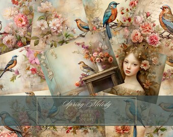 Baroque Birds and Flowers Junk Journal Kit Vintage Ephemera Journal Digital Paper for Scrapbooking Printable Collage Sheets Commercial Use