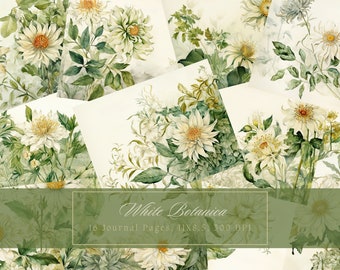 May include: 16 digital journal pages featuring watercolor illustrations of white flowers and green leaves. The pages are 11x8.5 inches and 300 DPI.