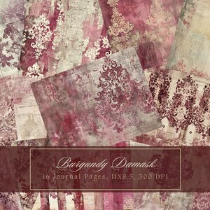 Kit di diario spazzatura damascato bordeaux Fogli di collage shabby chic stampabili vecchie pagine Carta digitale Scrapbooking Sfondi Vintage Ephemera