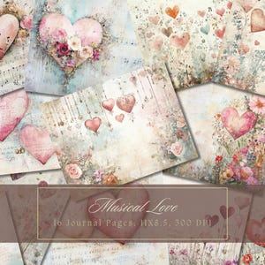 Kit de diario basura Shabby Hearts Papel digital vintage romántico para álbumes de recortes Página de diario romántica de efímeras vintage Descarga instantánea