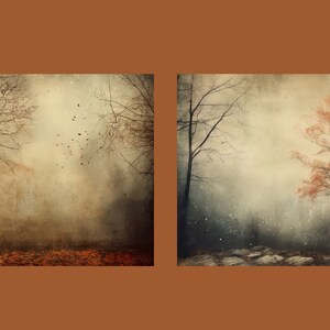 Puede incluir: Dos escenas de bosque brumoso con &aacute;rboles desnudos. La imagen de la izquierda muestra un bosque con hojas ca&iacute;das en el suelo y algunas hojas que vuelan con el viento. La imagen de la derecha muestra un bosque con un solo &aacute;rbol con hojas naranjas en primer plano.