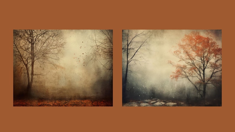 Puede incluir: Dos escenas de bosque brumoso con &aacute;rboles desnudos. La imagen de la izquierda muestra un bosque con hojas ca&iacute;das en el suelo y algunas hojas que vuelan con el viento. La imagen de la derecha muestra un bosque con un solo &aacute;rbol con hojas naranjas en primer plano.