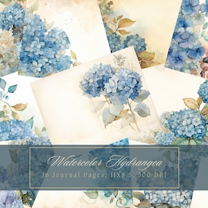 Hortensia ongewenste dagboek Kit aquarel bloemen pagina's tuin digitaal papier voor scrapbooking botanische afdrukbare lege dagboekpagina blauwe bloem