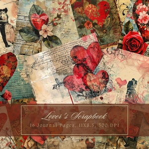 Kit de diário de lixo com corações florais, papel digital vintage para carta de amor, scrapbooking, aquarela vintage, dia dos namorados, mídia mista, página de diário