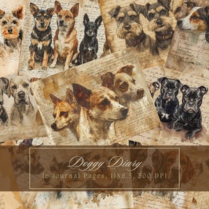 Kit di diario spazzatura per cani ad acquerello Pagine Grunge Carta digitale per cani per Scrapbooking Carta shabby stampabile Cucciolo Carta vittoriana multimediale mista